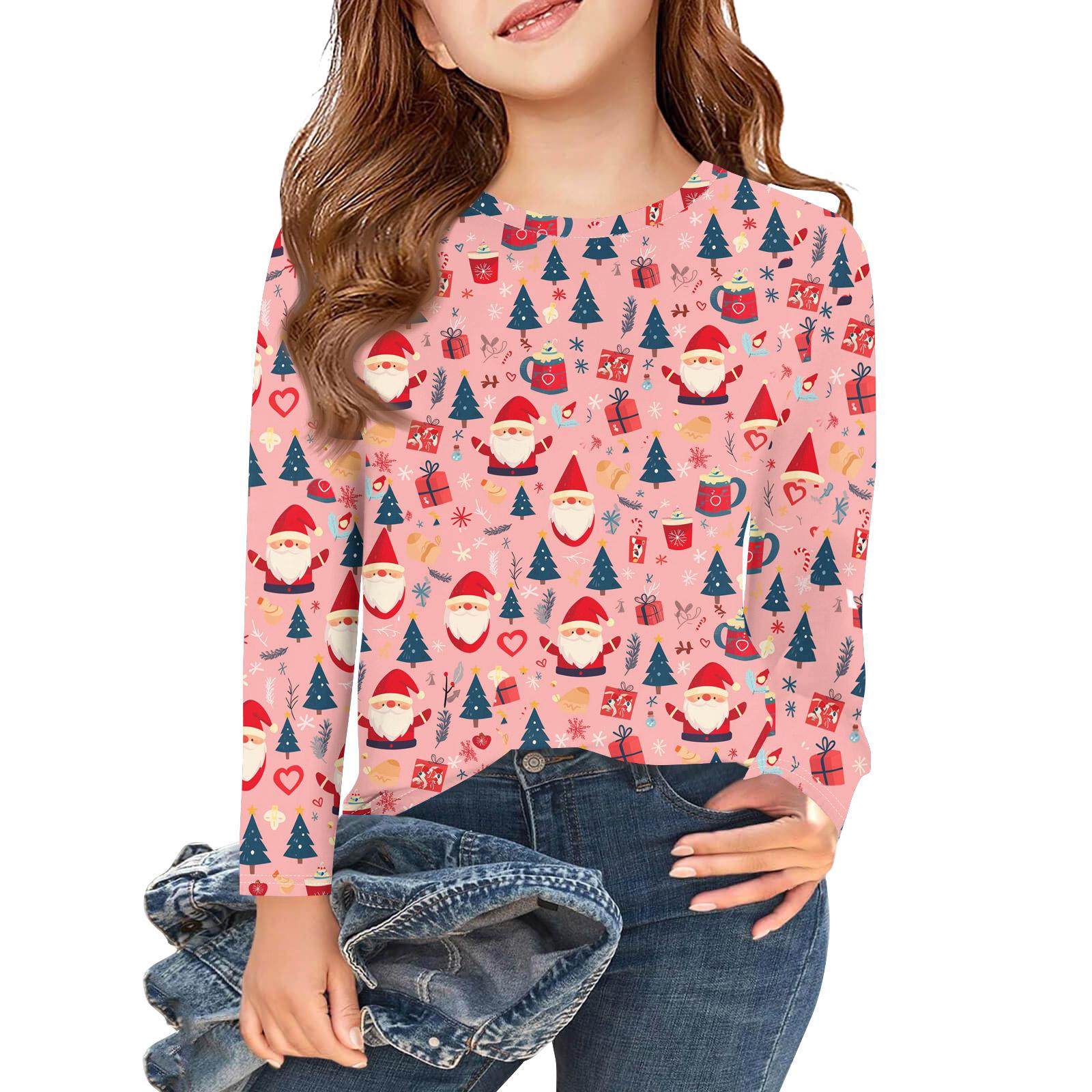 

Рождественские футболки с длинным рукавом для девочек, детские осенние топы с круглым вырезом и принтом, базовые футболки 150 розовый