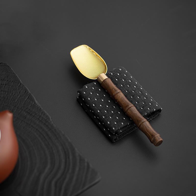 Black Ebony Bamboo Tea Spoon Long Handle Copper Hammered Spoon Tea Leaf Scoop Tea Accessories