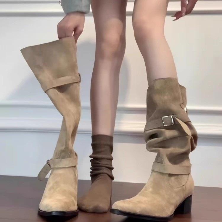 Boots Pile Western New Cowboy Boots Autumn Khaki Boots Small Retro Women's Boots High Boots