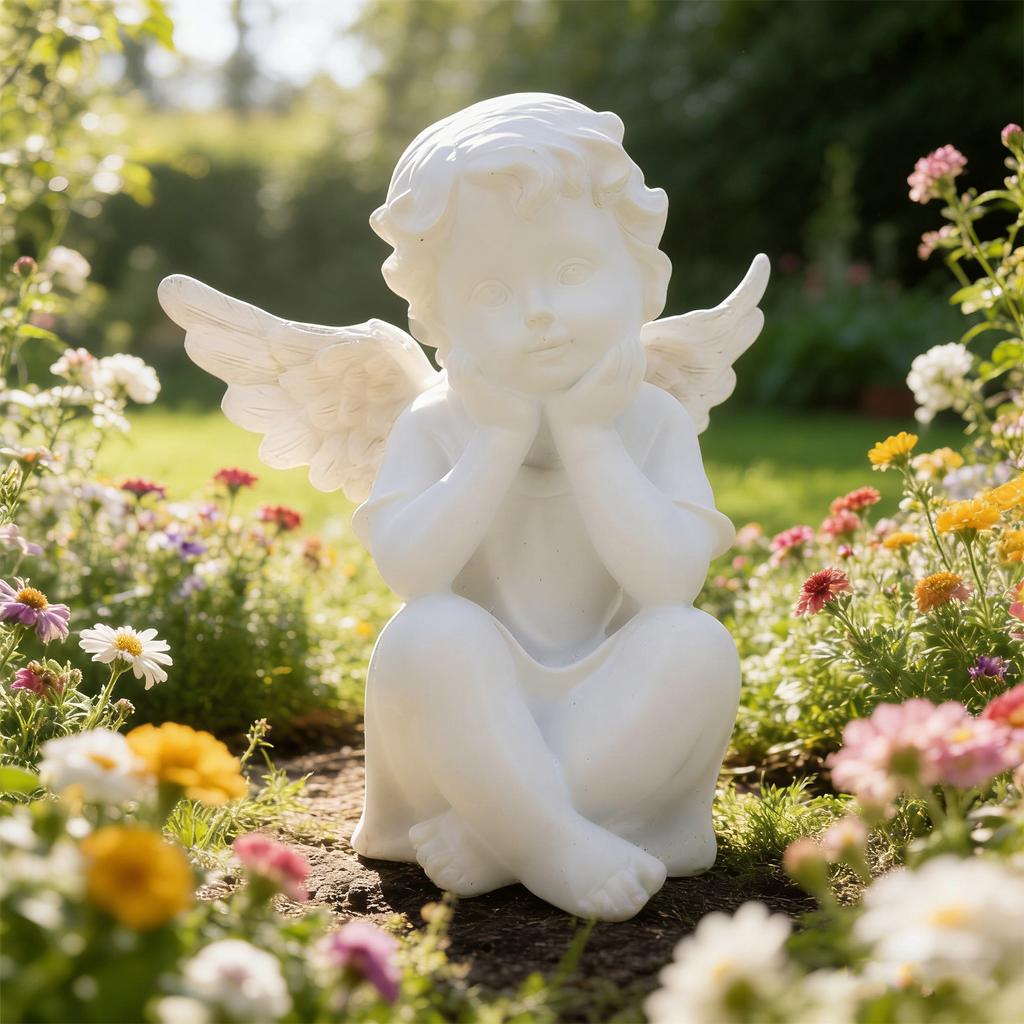 Cute Winged Statue Resin Figurine Indoor Outdoor Ornament for Garden Lawn Yard Nightstand Desktop