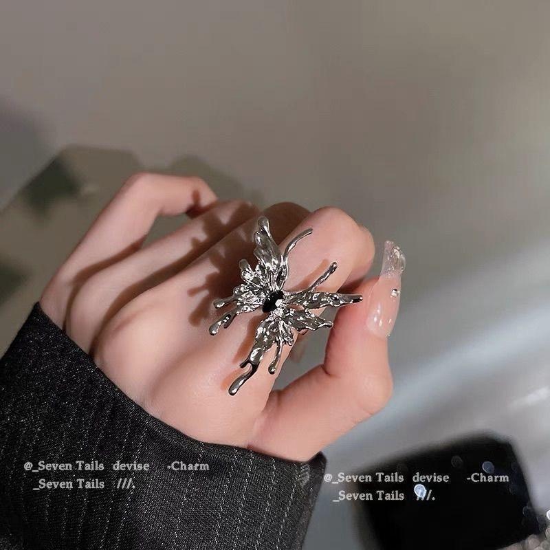 Silver Liquid Butterfly Open Ring Female Niche Design High-end Couple Index Finger Tail Ring Fashion Personalized Ring
