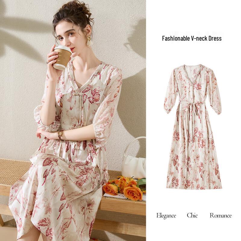 TUHUANG New Chinese Style Mulberry Silk Printed V-Neck Dress M