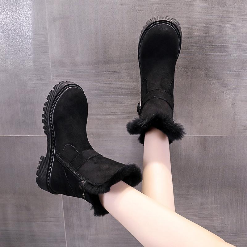Fashion Aphixta Black Furry Modern Boots Buckle Design Ankle Boots Side Zipper Women Winter Boot 5cm Square Heel Botas Mujer Botines