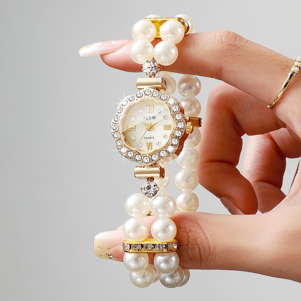Xiaomi Elegant Pearls Bracelet Strap Women Watches Luxury Rhinestone Flower Dial Quartz Wristwatches Relogio Feminino (Without Box)