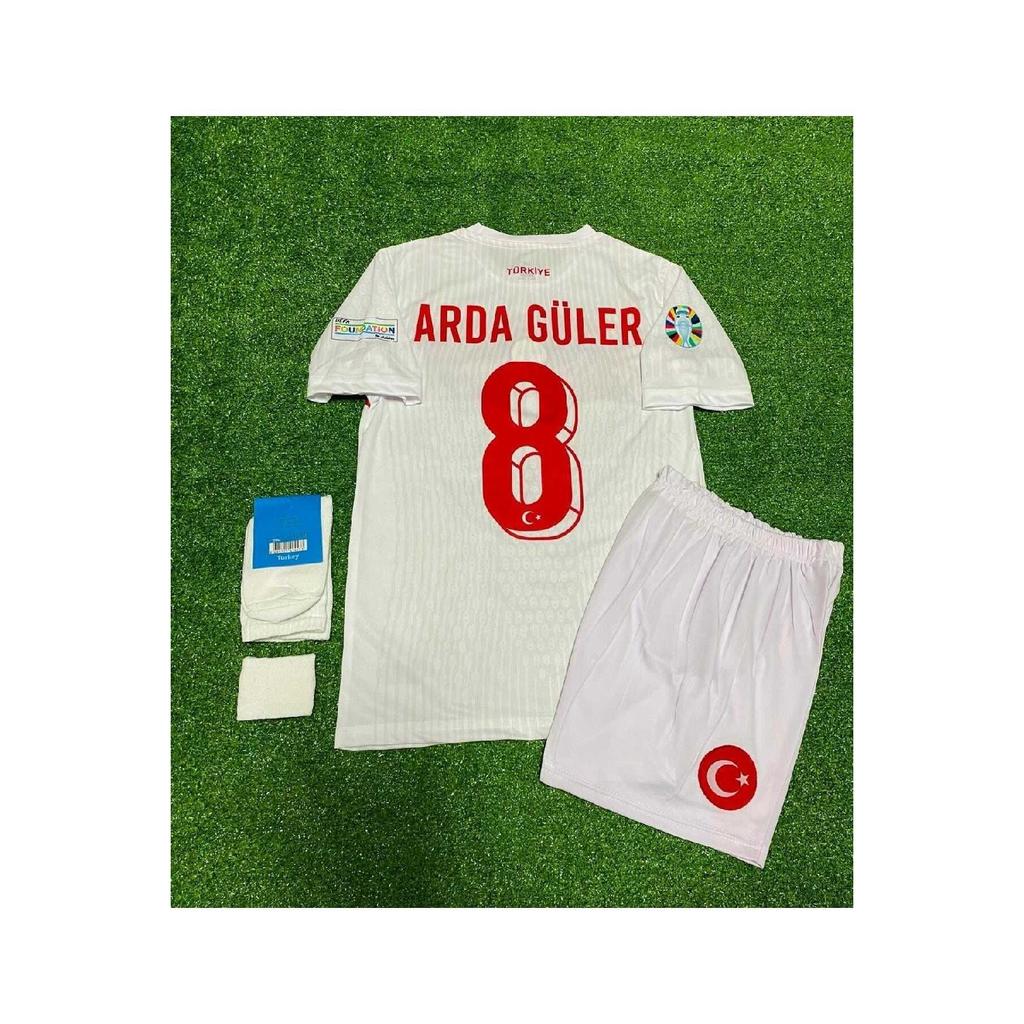 Türkei 2024 Nummer 8 Weißes Kindertrikot-Set mit 4 Stück (Euro 2024-Patch) Weiß