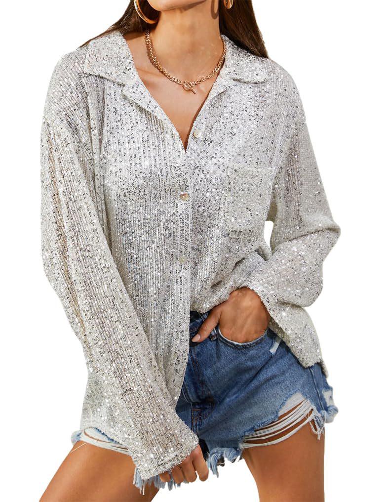 2025 Autumn European and American Women's Sequin Long-Sleeve Lapel Casual Shirt