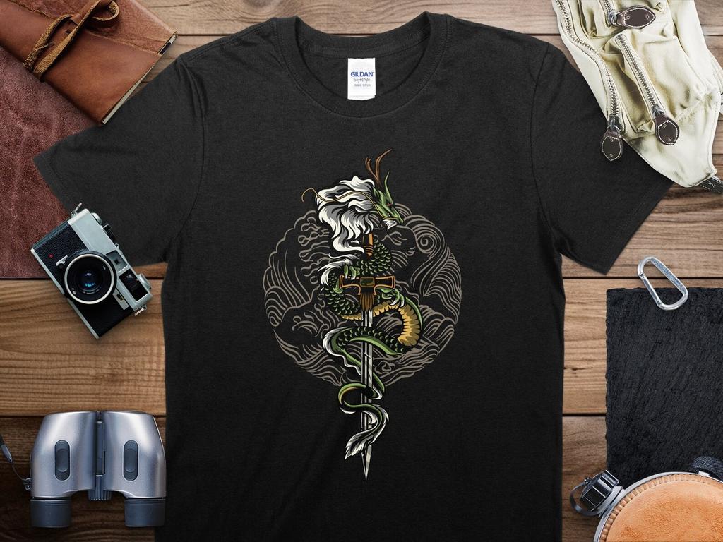 Unisex Dragon and Caduceus T-Shirt, Mythical Creature Graphic Tee, Unique Medical Symbol Shirt, Fantasy Art Clothing, Gift for Doctors