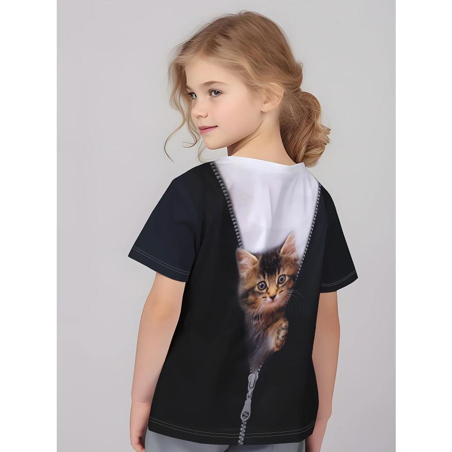 Kreskówkowy Kot i Niedźwiedź Graficzny Nadruk Kreatywne T-shirty Wygodny Okrągły Dekolt Krótki Rękaw T-shirt Odzież Dziecięca Letnie Bluzki Dziewczęce