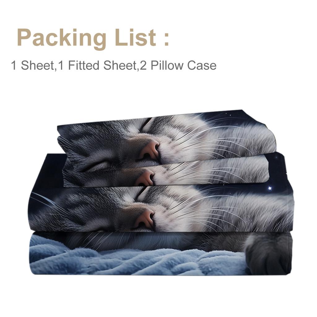 Starry Sky Cat 4-Piece Set, Cute Kitten Helps Sleep, Including 1 Bed Sheet, 1 Duvet Cover, 2 Pillowcases (Pets, Life)