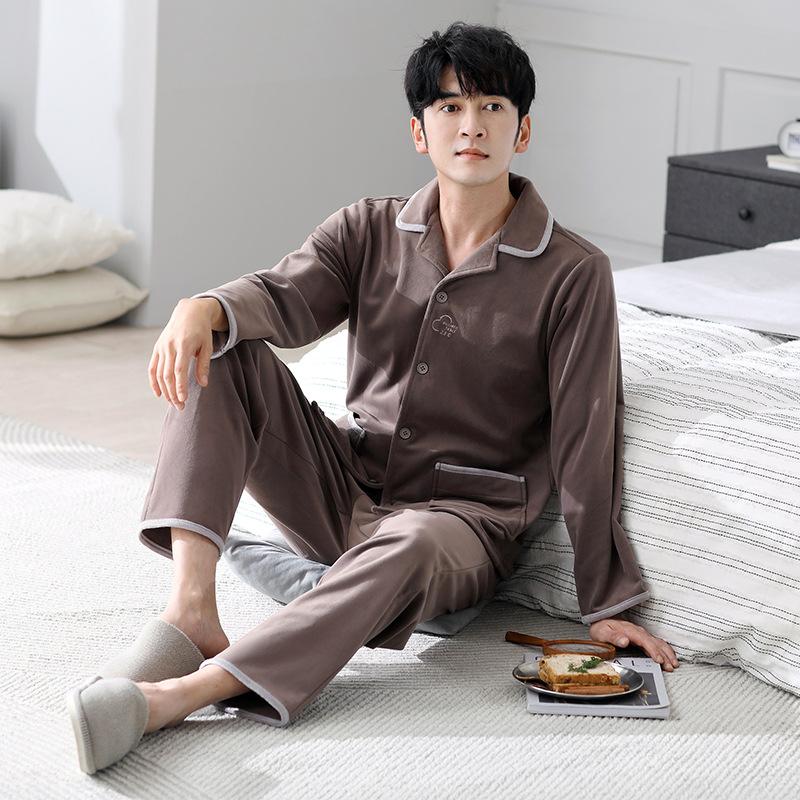 Flannel Pajamas Men'S Autumn And Winter Coral Fleece Large Size Thickened Fleece Warm Island Fleece Long-Sleeved Loungewear Set