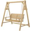 2 Seater Garden Swing Seat, Wooden Swing Chair Bench with Cup Holders for Outdoor Porch Patio, Natural