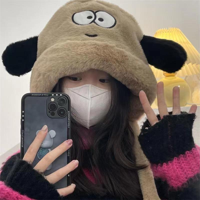Hat Autumn and Winter Female Thermal Hat Ear Protector Plush Hat Versatile Thickened Cycling Puppy Big Head Circumference Cold Protection