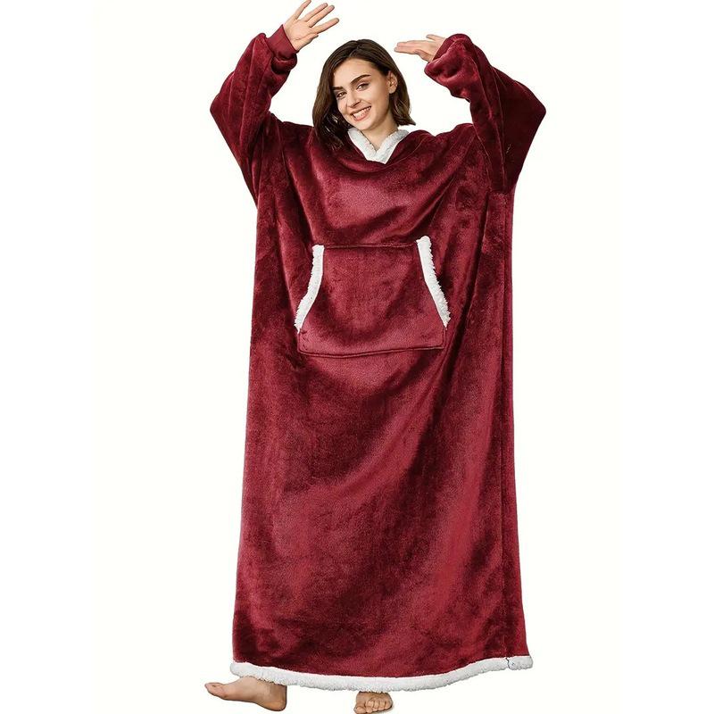Halat Pătură cu Glugă de Flanel Extra Lung pentru Femei cu Buzunare Verticale