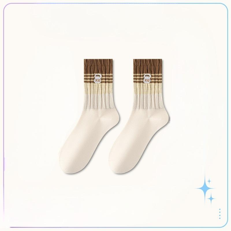 Female Spring and Autumn Gradient Color Embroidery Sweat Absorbent Breathable Boneless Anti Pilling Tube Stack Socks