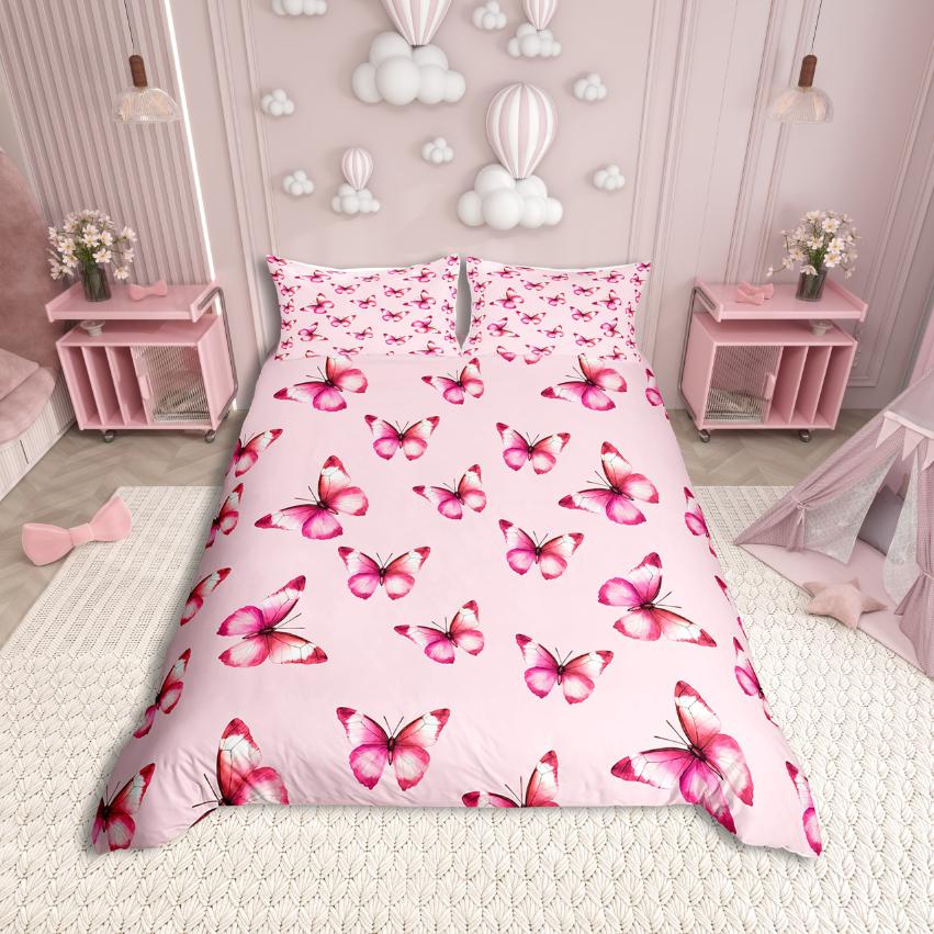 Homewish Kawaii Butterfly Duvet Cover Set,Girls Pink Comforter Cover Set,Fairy Tale Theme Bed Set For Girls Teens