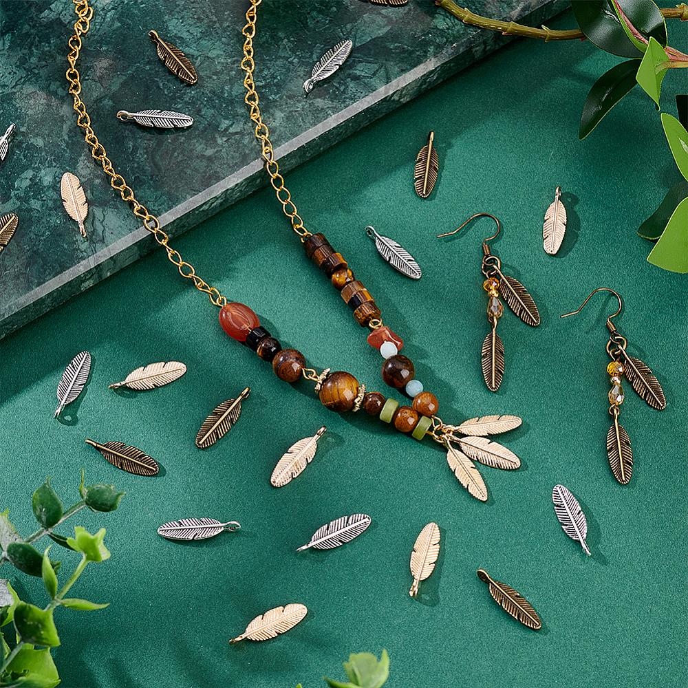 90Pcs 3 Colors Tibetan Style Alloy Pendants Leaf Charms Mixed Color 20.5x6x2mm Hole: 1.4mm 90pcs/set