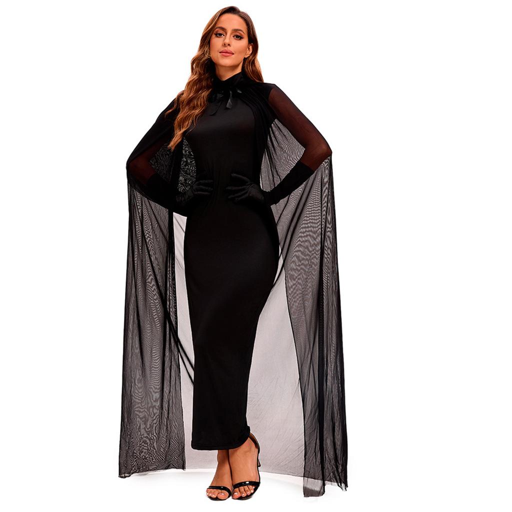 Women Vampires Witch Sleeveless Long Dress with Hooded Cloak Gloves and Thong Set for Halloween Cosplay and Themed Event