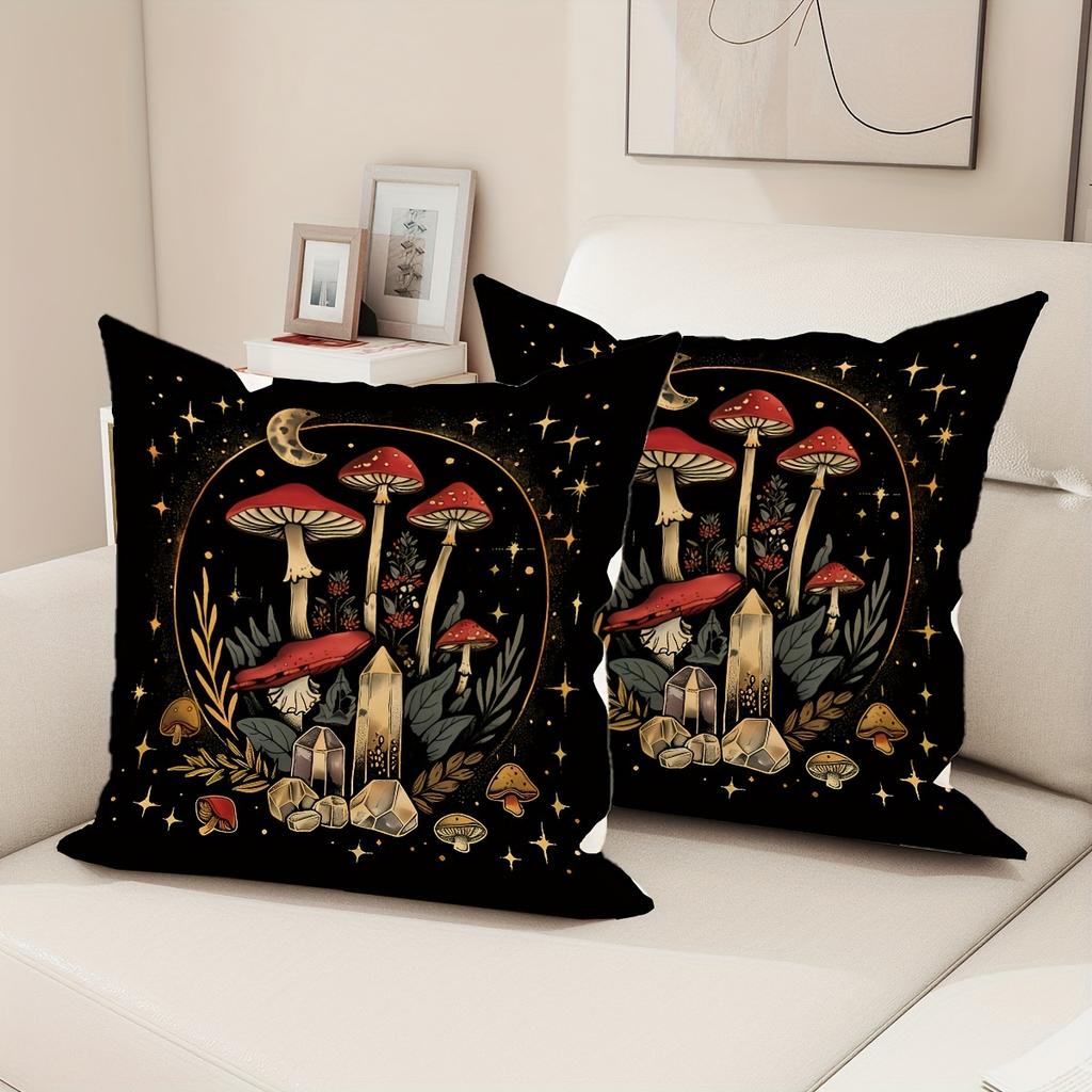 2Pcs Retro Style Mushroom Plant Pillowcase, Red, Black, Yellow Contrasting Color, Living Room, Bedroom, Sofa Decoration