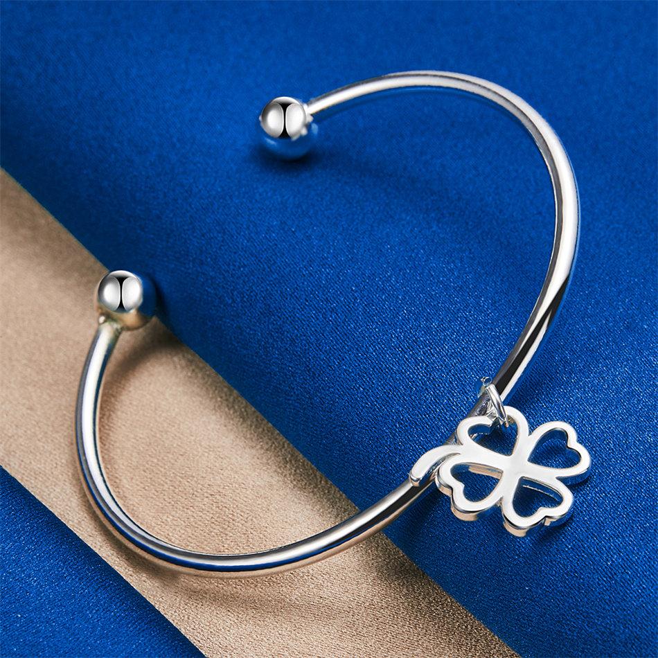 Elegant 925 Sterling Silver Delicate Four-Leaf Clover Open Bangle for Women, Fashionable Wedding Party Accessories