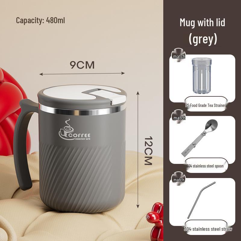 Portable Stainless Steel Mug with Lid, Spoon & Tea Infuser - Multi-Purpose Cup for Tea, Coffee, Milk, or Water.