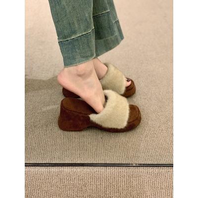 Wedge Heel Retro Versatile Fluffy Shoes Women's Shoes Wear High Heels Plush Slippers