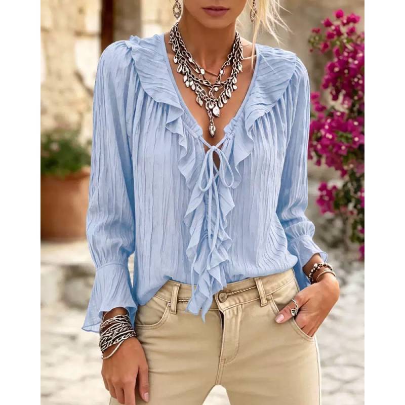 Polyester Blouse With Ruffle Hem And Long Sleeves For Office Wear