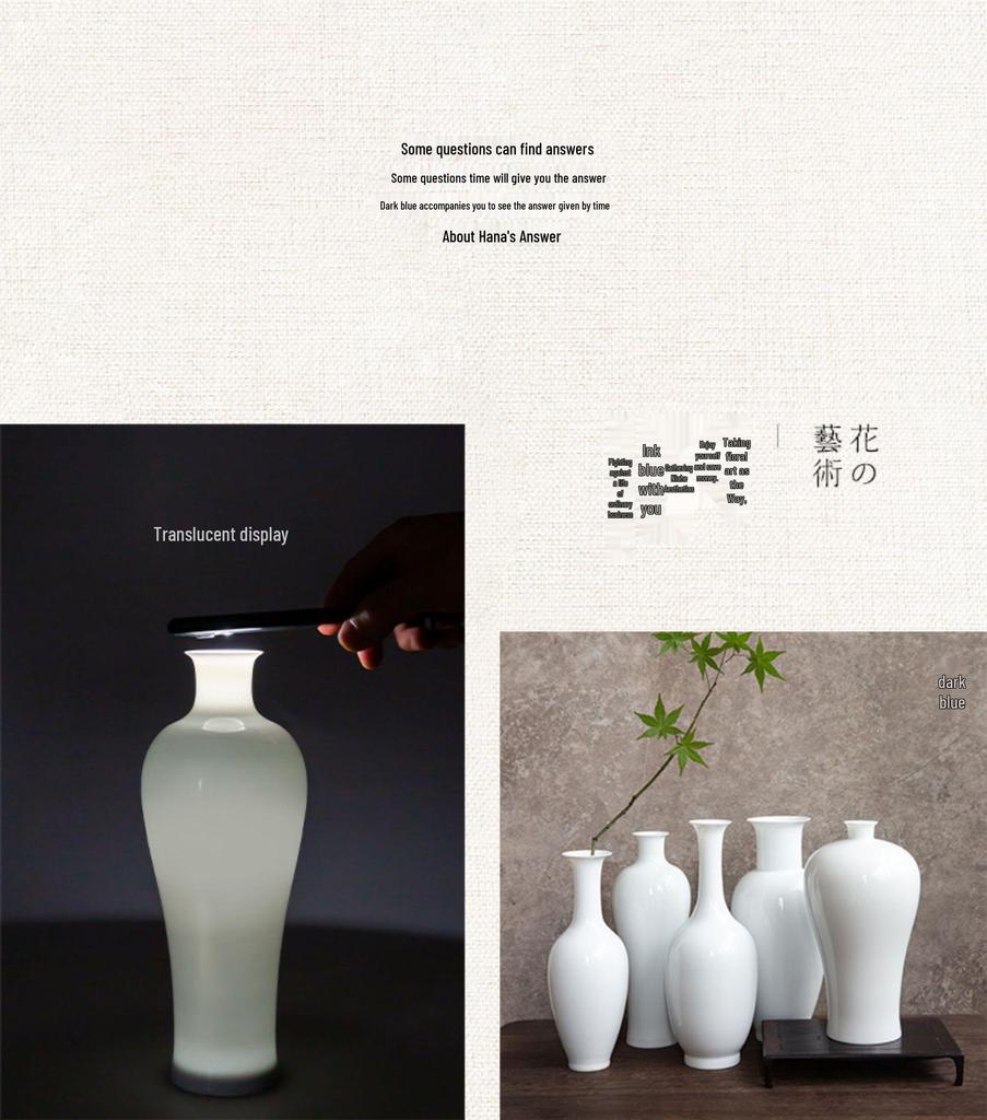 Thin-Walled Translucent White Ceramic Vase, Zen Style, Antique Chinese Plum Blossom Ornament for Living Room Decor.
