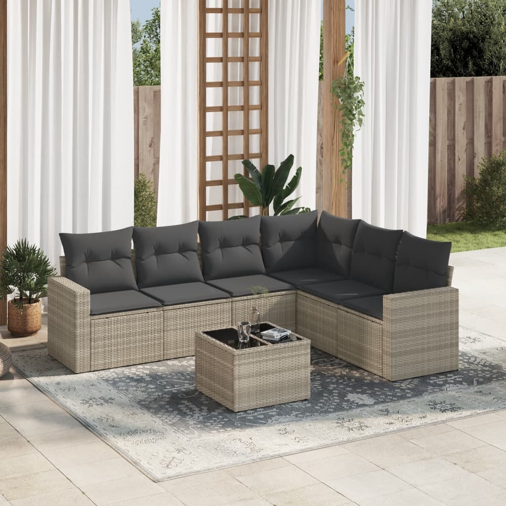 7 Piece Garden Sofa Set with Cushions Light Grey Poly Rattan