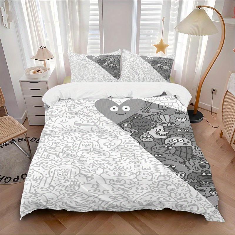 3pcs Doodle Creatures Bedding Set, Breathable and Soft, Suitable for All Seasons, Ideal for Home Use, Suitable for Bedroom Decor 21109