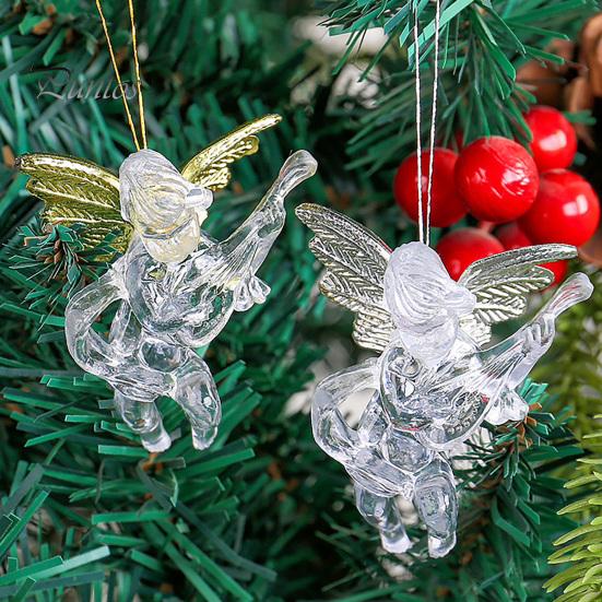 Christmas Angel Ornaments 4Pcs Winged Hanging Ornaments, Clear Figurines, Indoor Holiday Accents Tree Decor, Seasonal Home Party Supplies Transparent