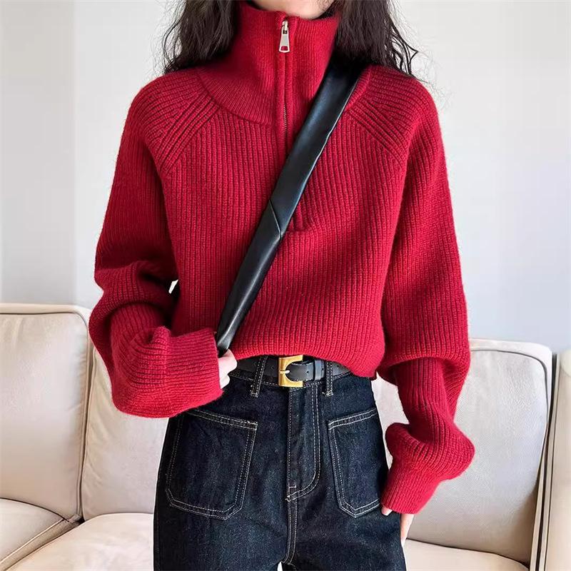 

High-Neck Half-Zip Solid Color Women s Sweater - Short Korean Style Knitwear Top One size красный