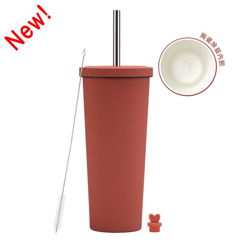2025 Ceramic Liner Milk Tea Cup Large Capacity 830Ml Thermos Cup Stainless Steel Straw Cup