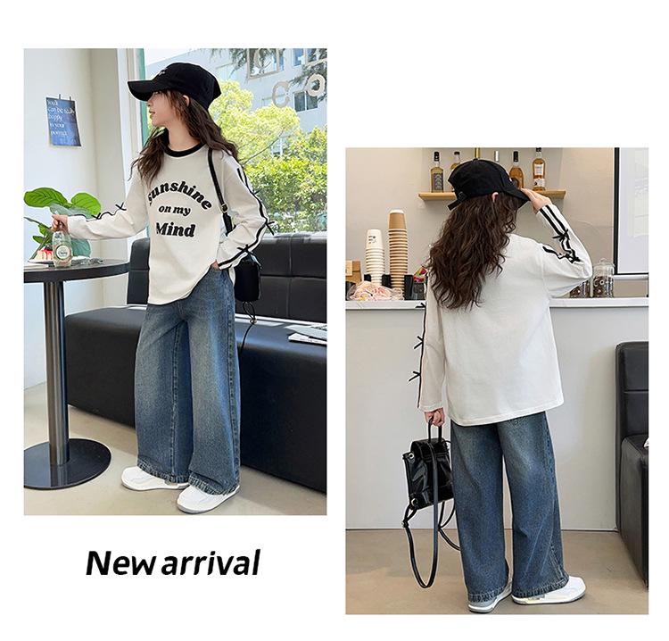 2025 Trendy Girls' Loose Long Sleeve Letter Stripe Top for Big Kids
