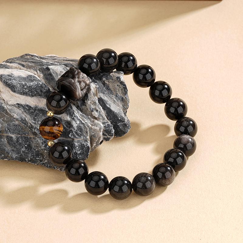 Tichiya Men s Retro Obsidian Tiger Eye Bracelet with Awakening Lion 925 Silver