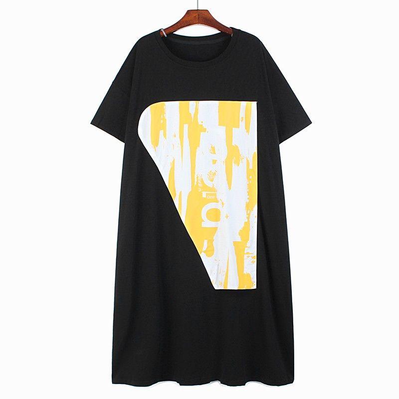 

Unique T-shirt Skirt Large Patch Printed Casual Short Sleeve Black All yards