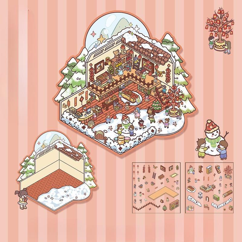 Cartoon Miniature Scene 3D Stickers Retro DIY PET Landscape Stickers Decompression Korean Stationery Scrapbooking Posters