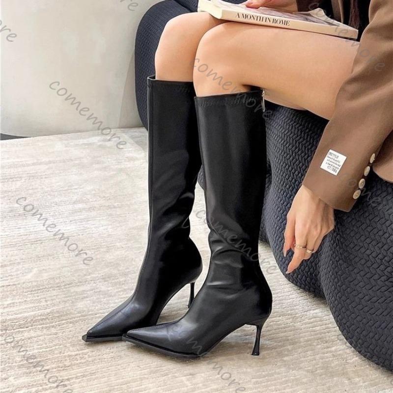 Comemore New Women's Shoes Pointed Toe Stiletto High Heel Pleated Knee High Boots Black Brown Spring Autumn Sexy Long Botas