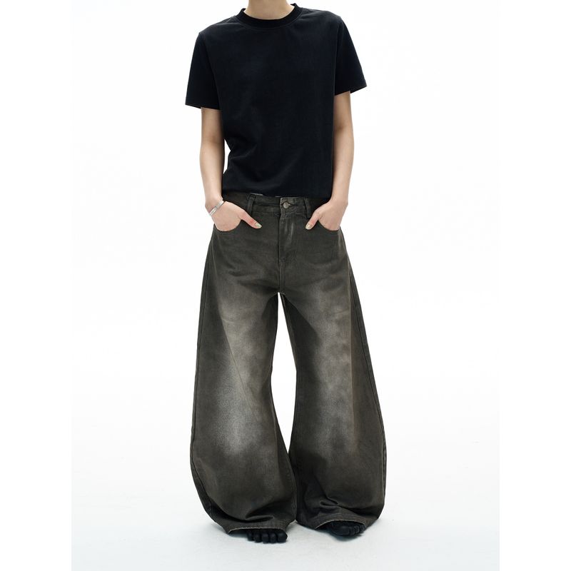 Madwitch American-Style Trendy Brand Distressed Washed Scimitar Jeans for Men and Women, Loose Wide-Leg Cool Design Pants