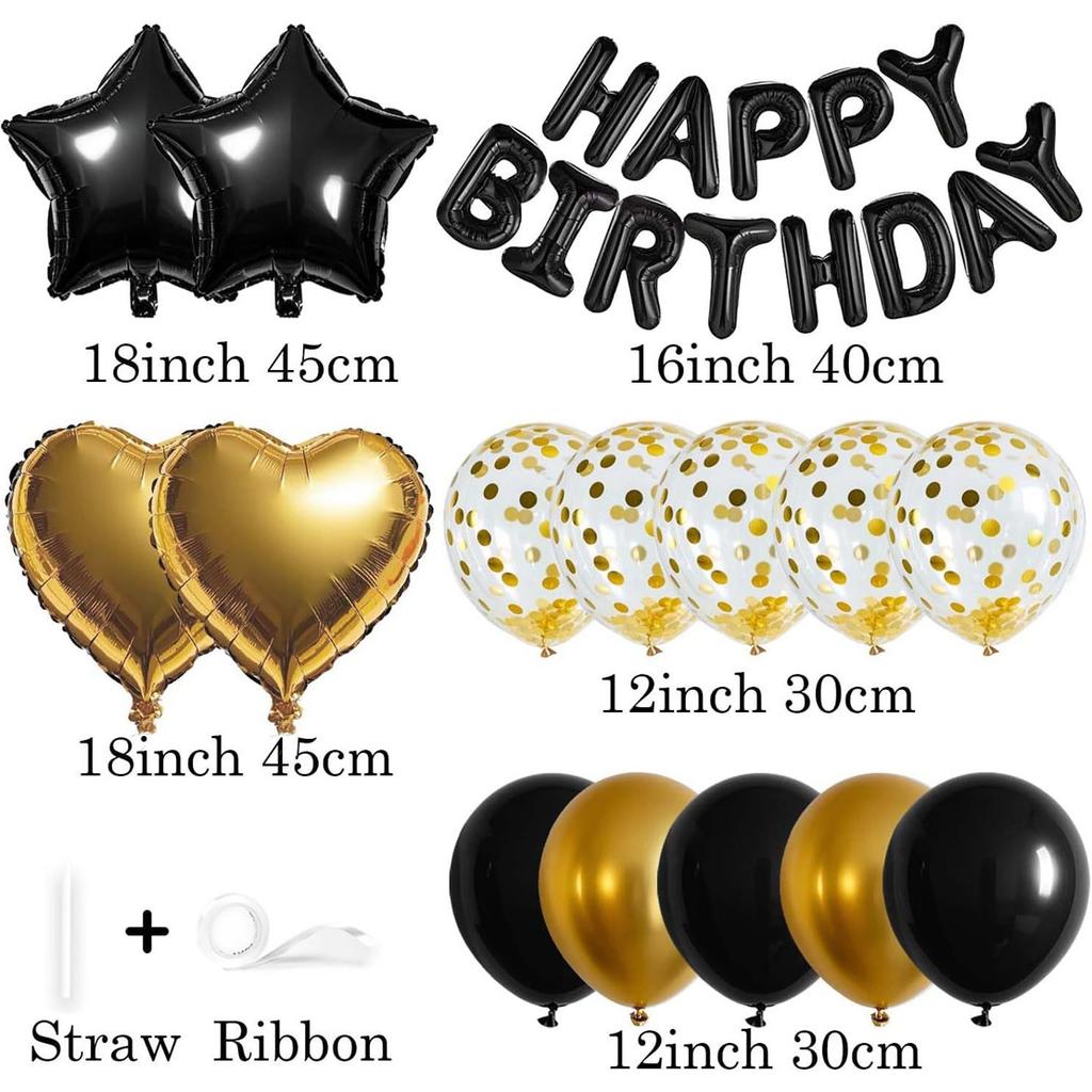 Black Gold Happy Birthday Decorations Balloon Kit with Banner Foil Heart and Star Valentine's Day Wedding Party Balloons