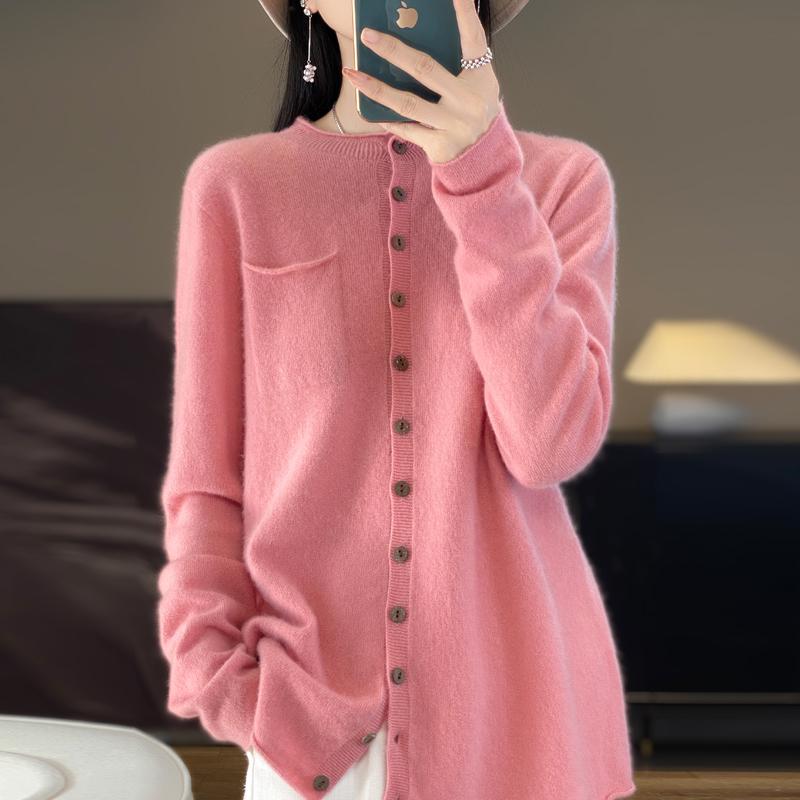100% Merino Wool Women's Sweater Cardigan Fashion Crewneck High Quality Crimped Knit Sweater Pure Color Pocket Loose Sweater