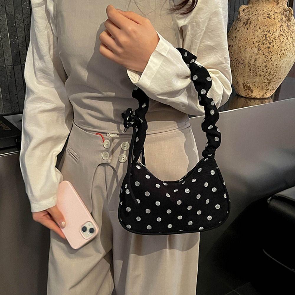 Cloth Polka Dot Shoulder Bag Ruched Strap Canvas Underarm Bag Comfortable Printed Handbag Shopping