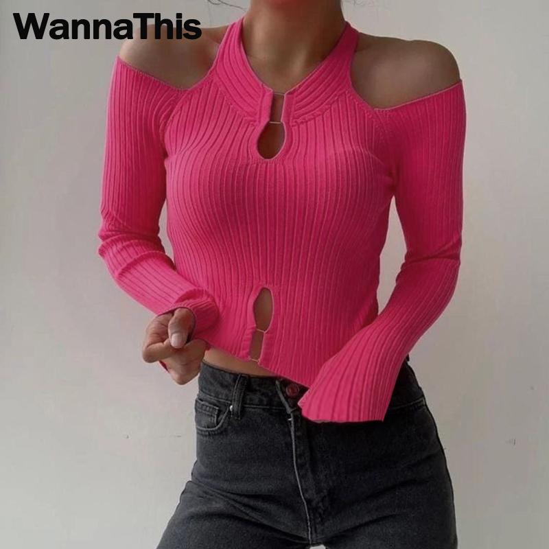 

WannaThis Вязаные топы с длинным рукавом Сексуальные выдолбленные Skinny Off Shoulder O Neck Solid Black Korean Fashion Осень 2022 Уличная одежда Топы