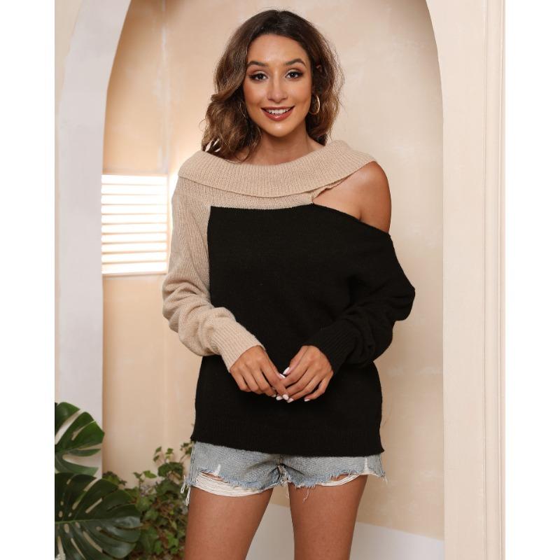 Autumn and Winter Women's Sexy Strapless Knitted Irregular Lapel Collision Splicing Loose Sweater