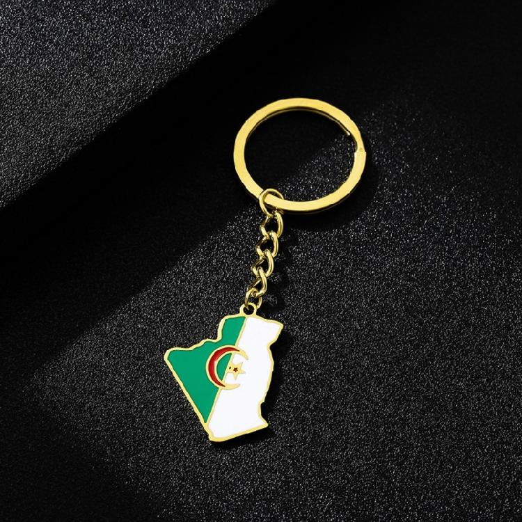 Stainless Steel Algeria Map Flag Keychain Outline Jewelry Gift for Friend Family