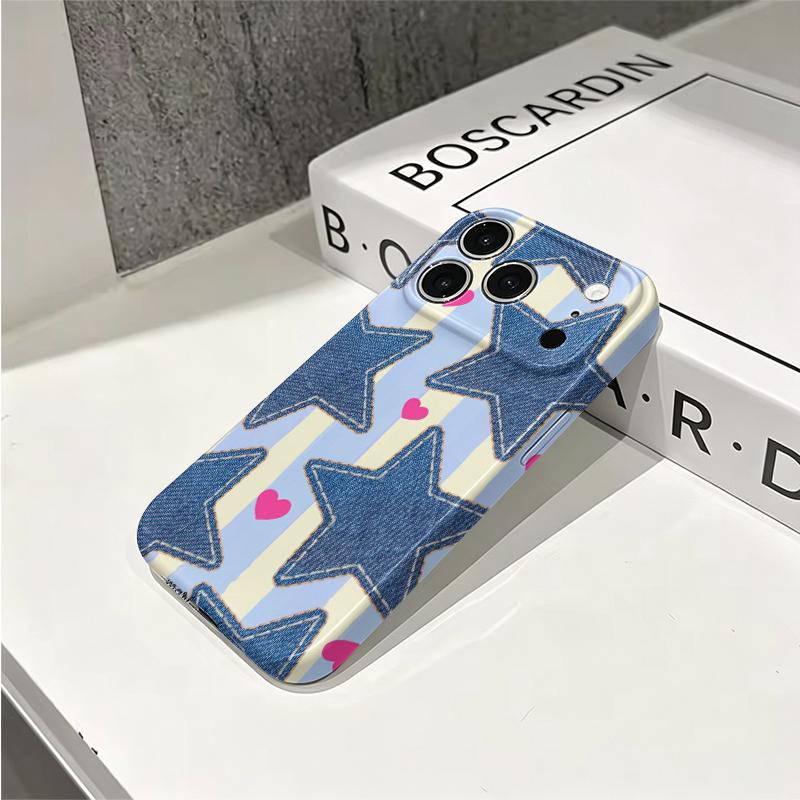 Cute Denim Jean Star Heart Striped Pattern Art Film Aesthetic Protective Shockproof Bumper Phone Case Cover For iPhone 14 15 16 Pro Max Plus