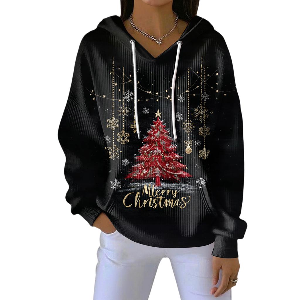 Women's Loose Comfortable Casual Fashion V-Neck Christmas Print Long Sleeve Hoodie