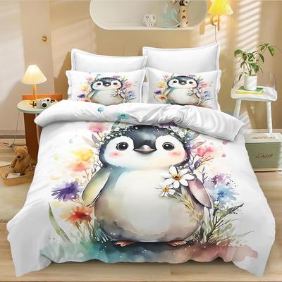 Pinguin Cartoon Bettbezug Set, Kinder Mikrofaser Bettdeckenbezug, Cartoon Pinguin Bettwäsche Set, Mit Reißverschluss und Kissenbezügen 75*50cm