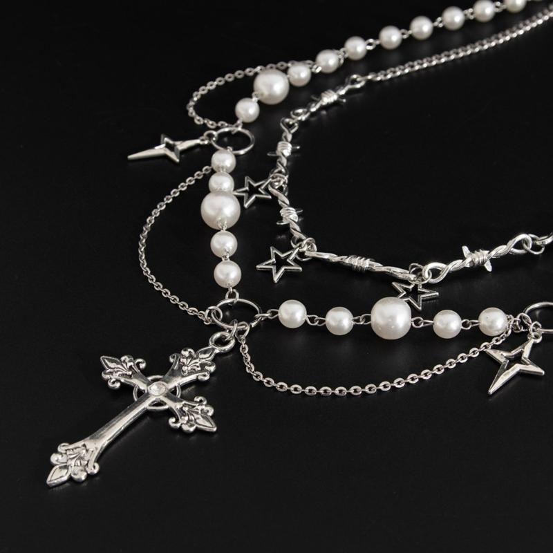 2pc Elegant Crosses Pearls Necklace Versatile Crosses Pendant Pearls Necklace Jewelry for Faithful Fashionistas