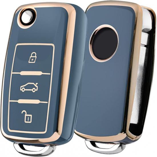 ELOHEI for VW Key Fob Cover, Premium Soft TPU 361 Degree Full Protection for VW Volkswagen Jetta Beetle Tiguan Passat Golf MK6 Polo 3 Buttons(Leather