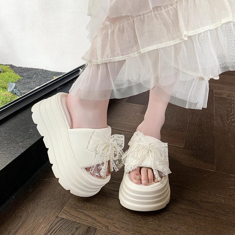Fashion 8CM New 2025 Pearl Strap Chunky Sandals Women Summer High Platform Wedges Slippers Woman Fashion Heels Thick Bottom Beach Slides